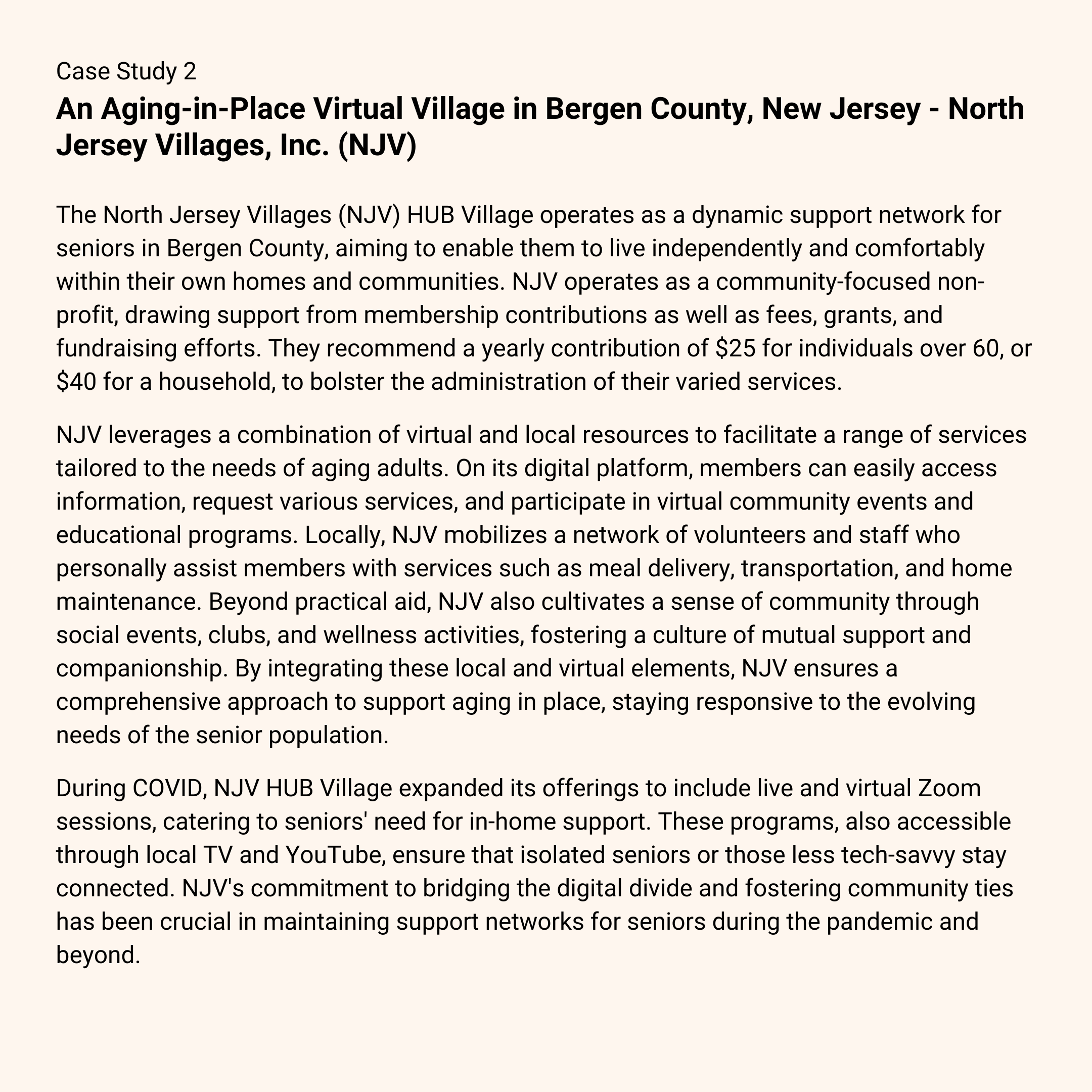Case Study 2: An Aging-in-Place Virtual Village in Bergen County, New Jersey - North Jersey Villages, Inc. (NJV)